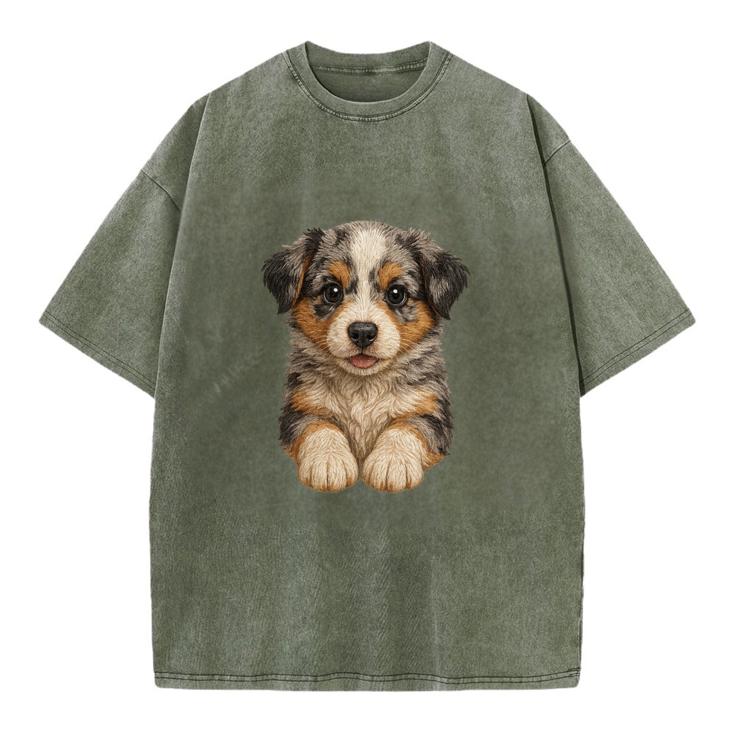 Baby Australian Shepherd Puppy - merle coat, bright eyes, fluffy, front-facing, - Vintage T-shirt - Army Green