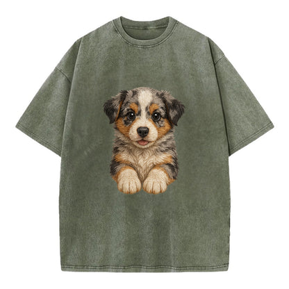 Baby Australian Shepherd Puppy - merle coat, bright eyes, fluffy, front-facing, - Vintage T-shirt - Army Green