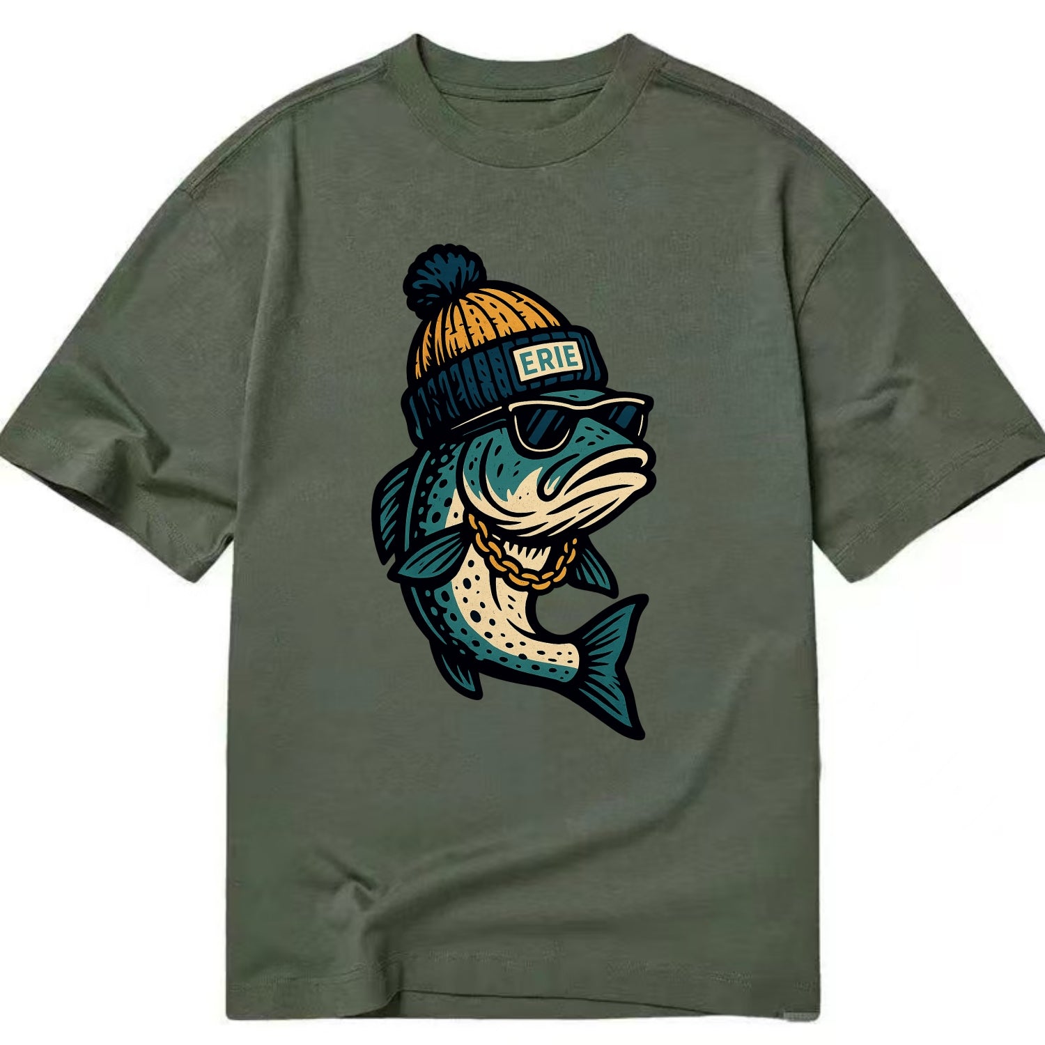 Erie Lake Trout wearing Erie beanie with - Classic T-shirt - Army Green