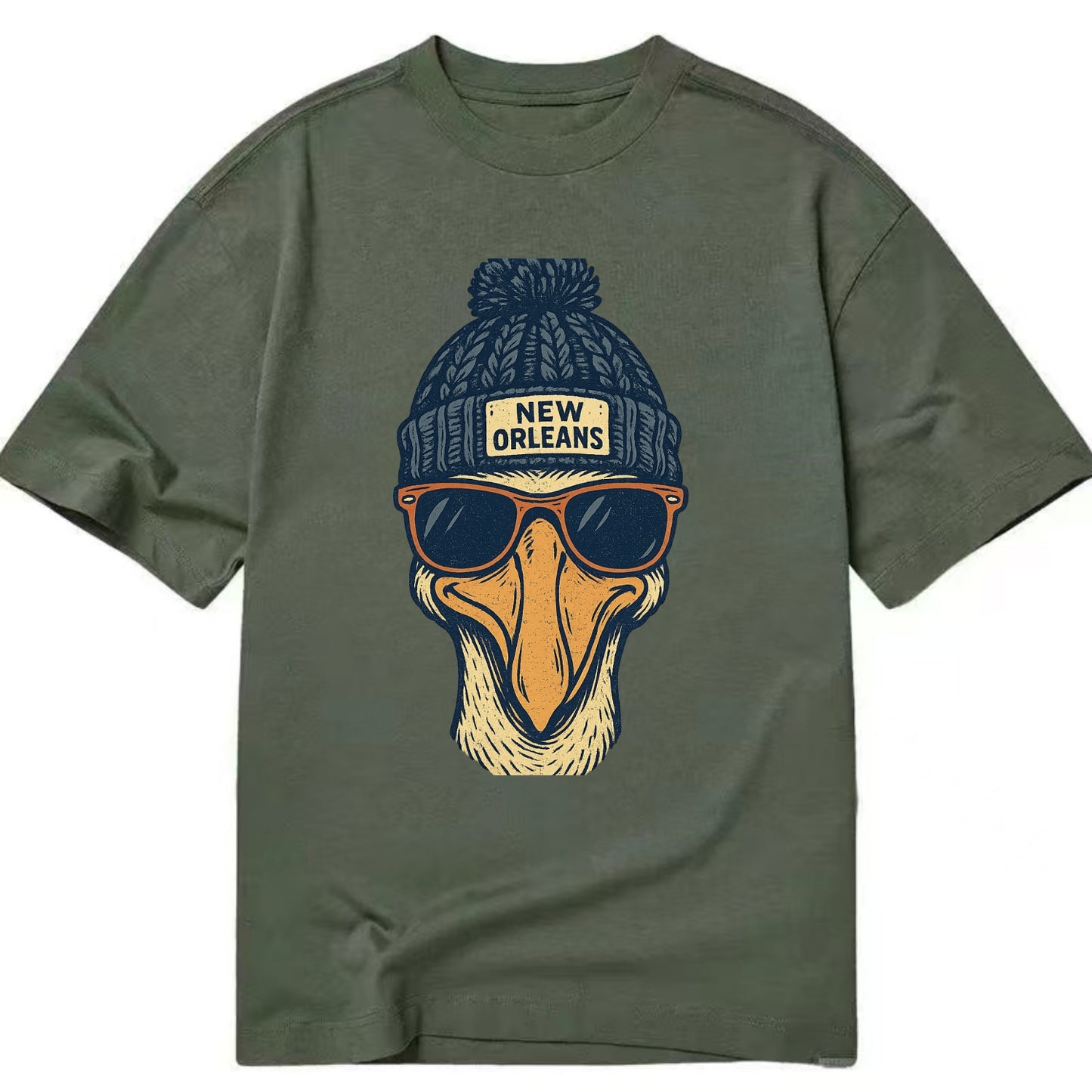 New Orleans Pelican wearing New Orleans beanie with pom pom and wayfarer - Classic T-shirt - Army Green