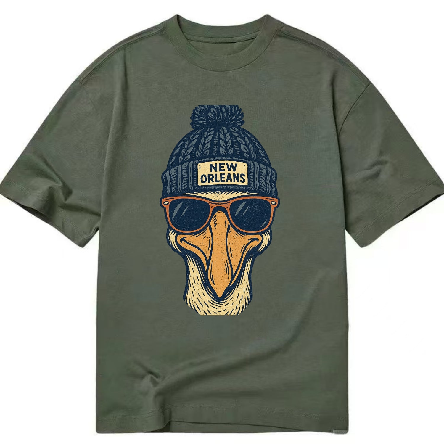 New Orleans Pelican wearing New Orleans beanie with pom pom and wayfarer - Classic T-shirt - Army Green