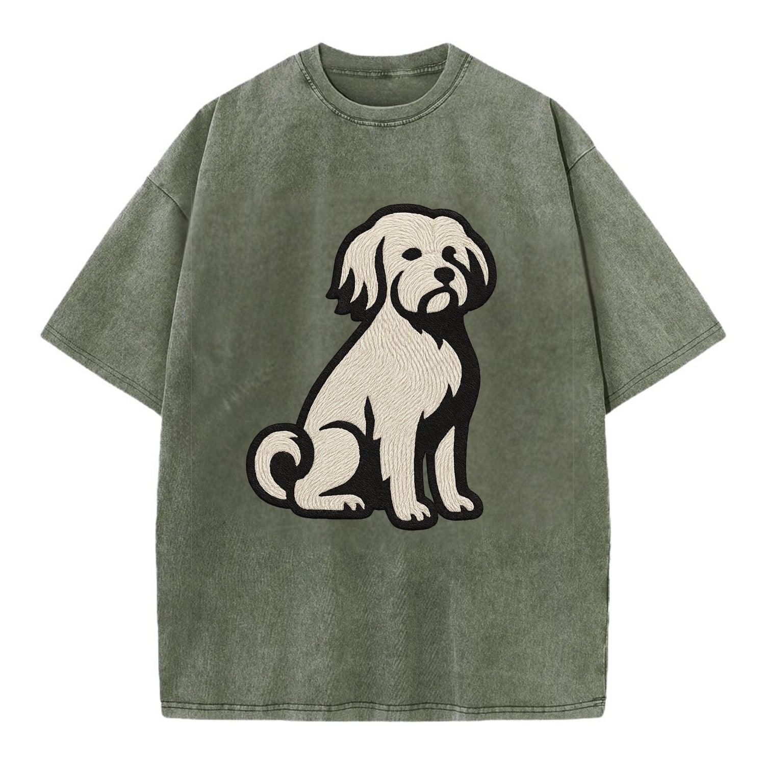 Löwchen - Little Lion Dog white embroide - Vintage T-shirt - Army Green