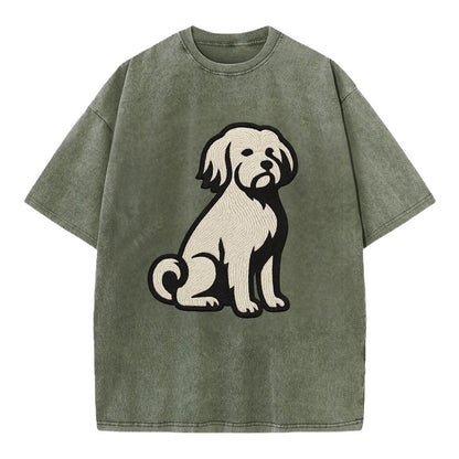 Löwchen - Little Lion Dog white embroide - Vintage T-shirt - Army Green