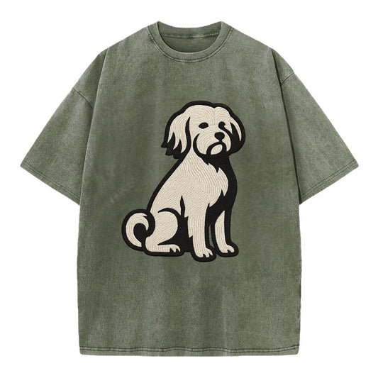 Löwchen - Little Lion Dog white embroide - Vintage T-shirt - Army Green