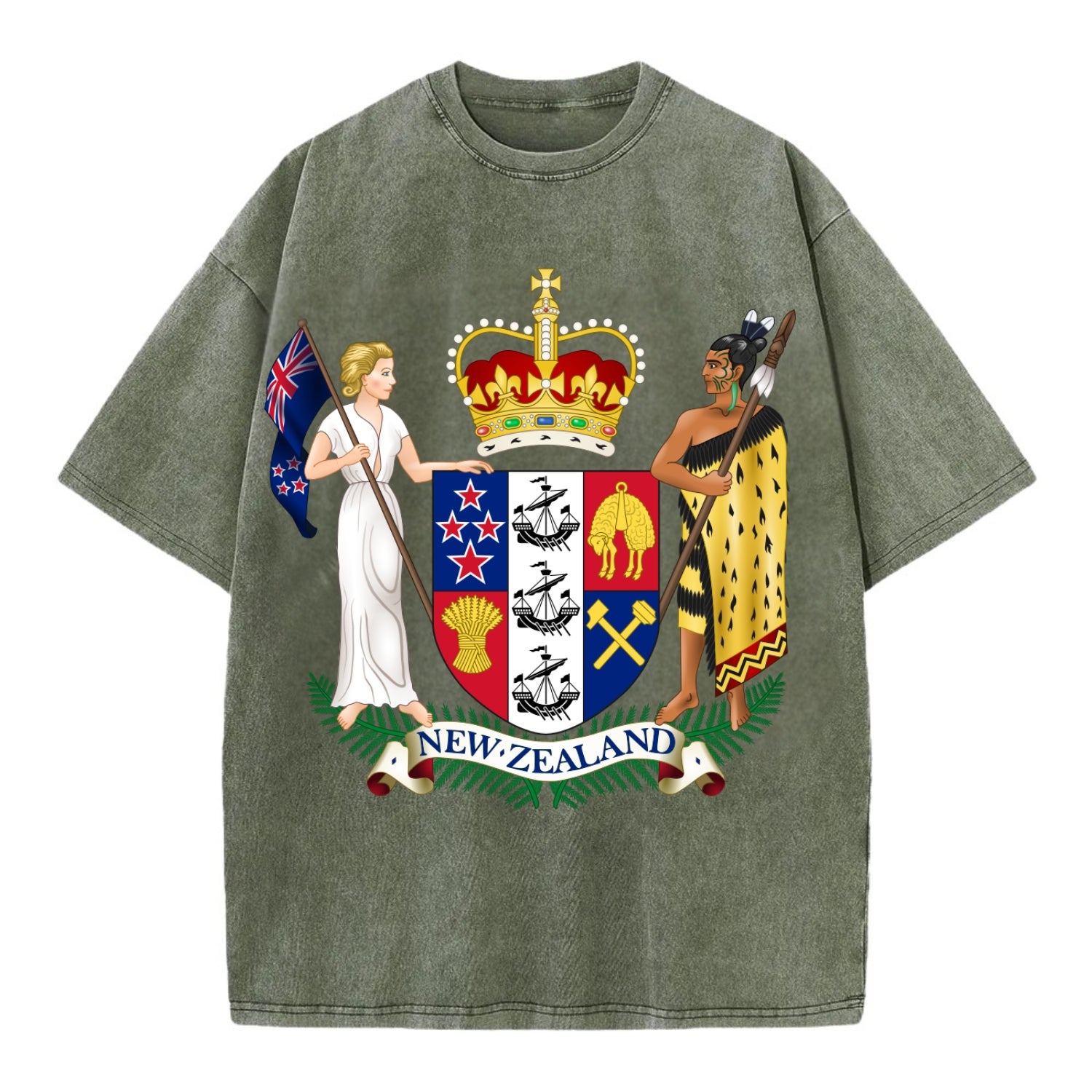 Coat Of Arms Of New Zealand - Vintage T-shirt - Army Green