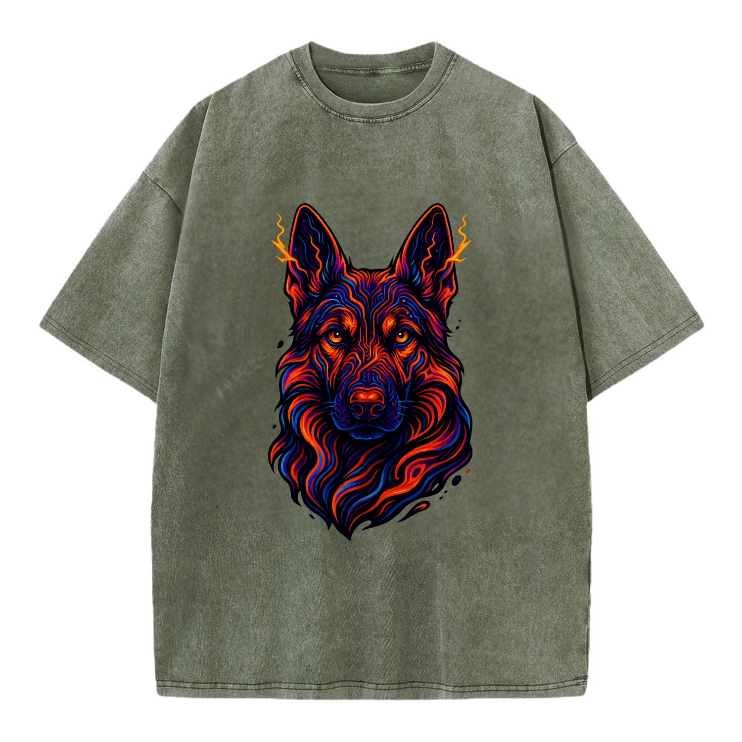 Alert German Shepherd with cyber circuit patterns in the fur, neon orange and - Vintage T-shirt - Army Green