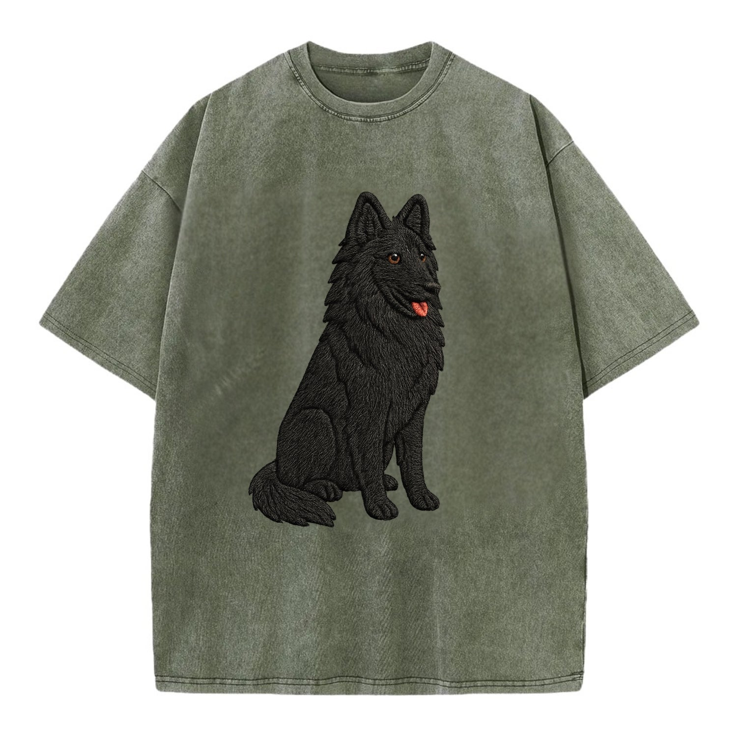 Belgian Sheepdog - Black long-haired embroidered pose - Vintage T-shirt - Army Green