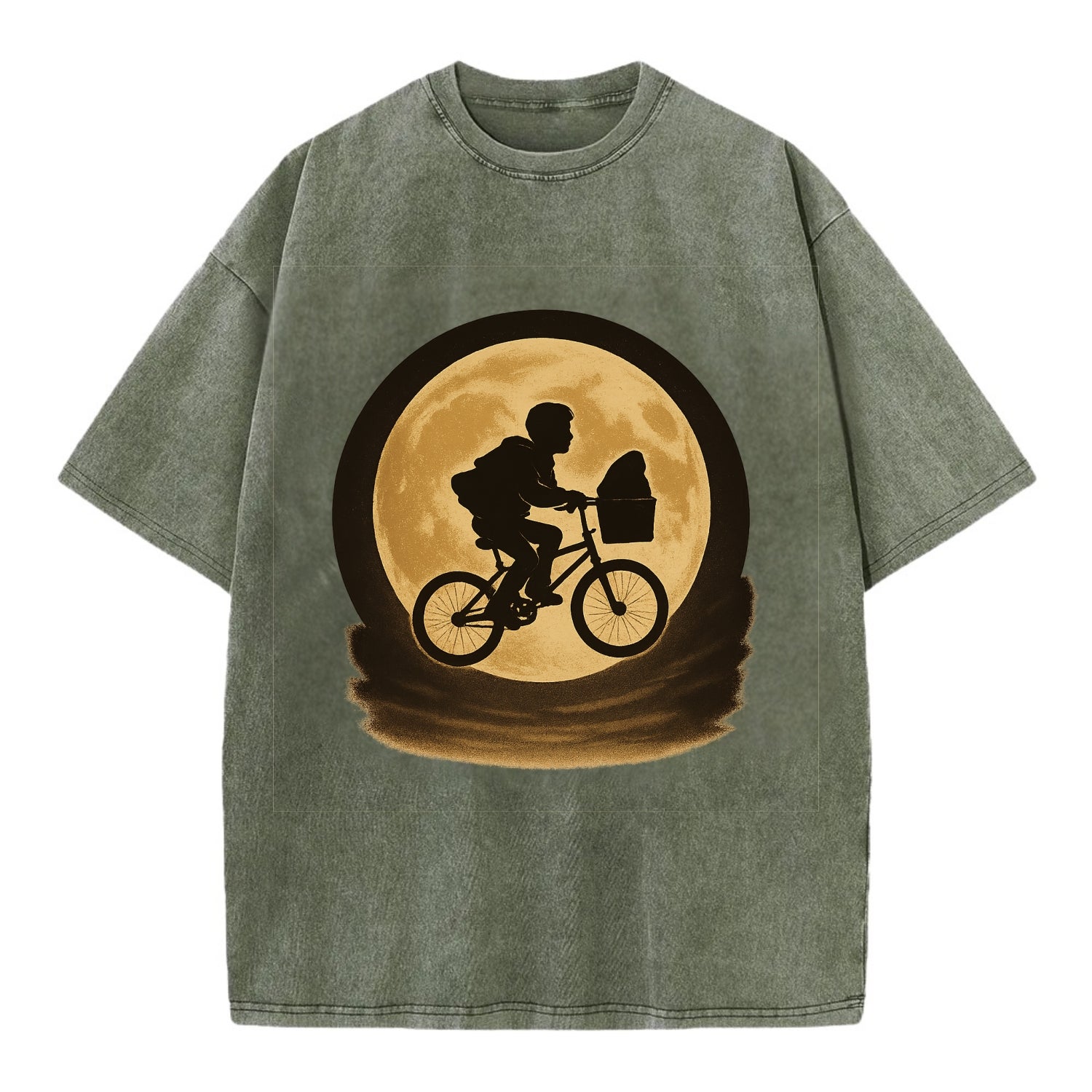 boy with bicycle flying across full moon with silhouette - Vintage T-shirt - Army Green