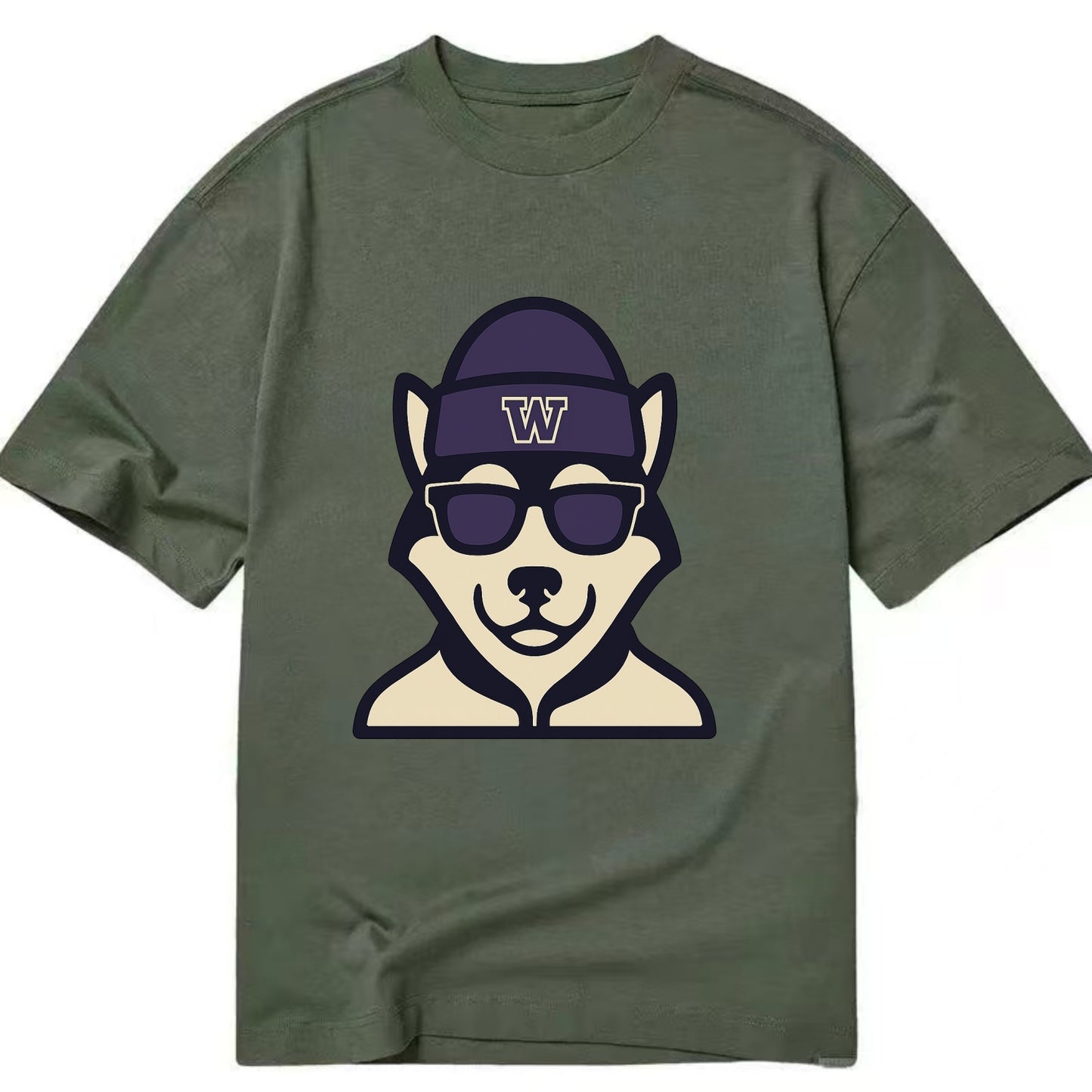 Seattle Husky wearing Washington beanie with W patch - Classic T-shirt - Army Green