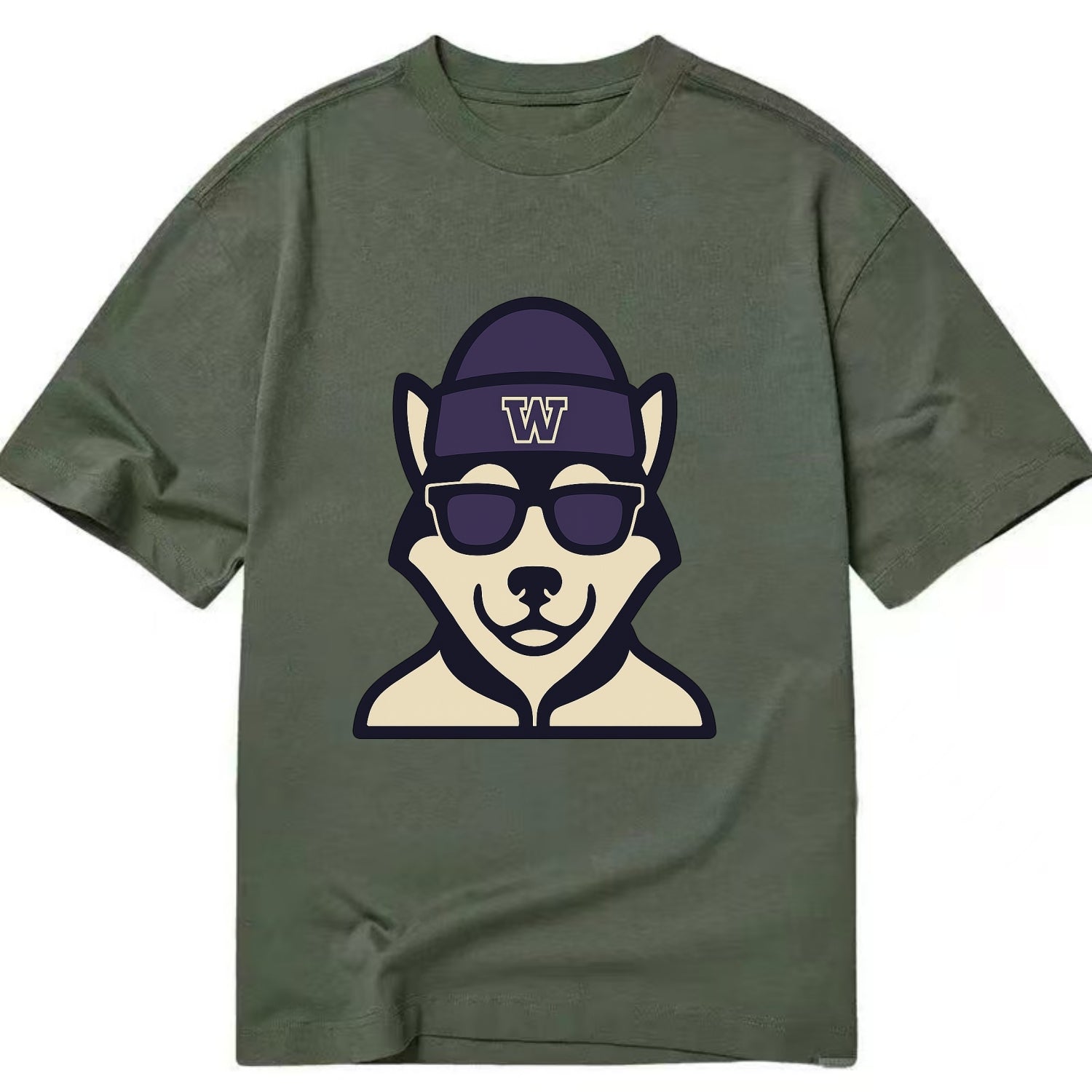 Seattle Husky wearing Washington beanie with W patch - Classic T-shirt - Army Green