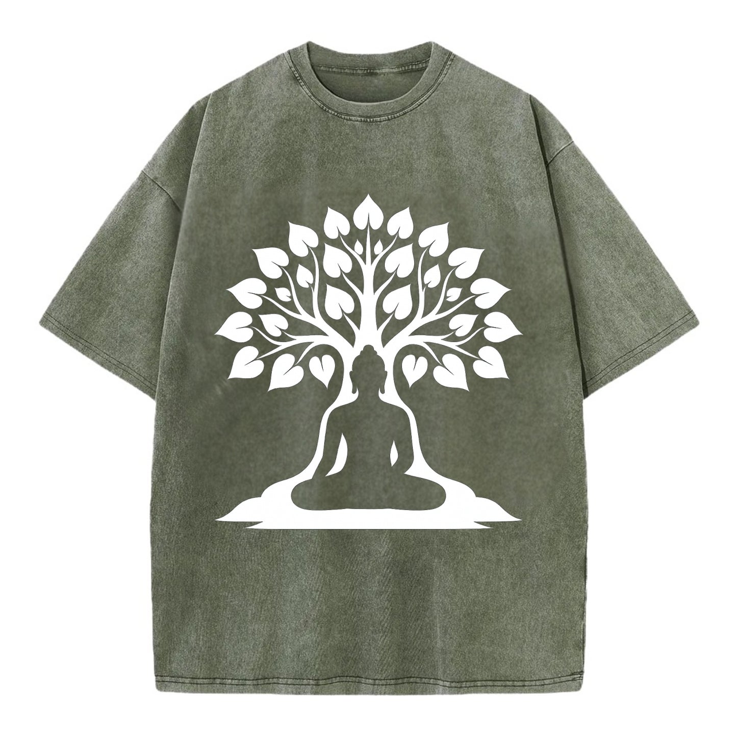 Buddha silhouette meditating - negative space forms bodhi tree - Vintage T-shirt - Army Green