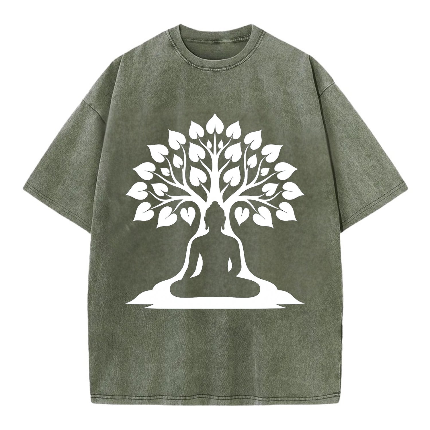 Buddha silhouette meditating - negative space forms bodhi tree - Vintage T-shirt - Army Green