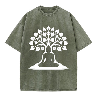 Buddha silhouette meditating - negative space forms bodhi tree - Vintage T-shirt - Army Green