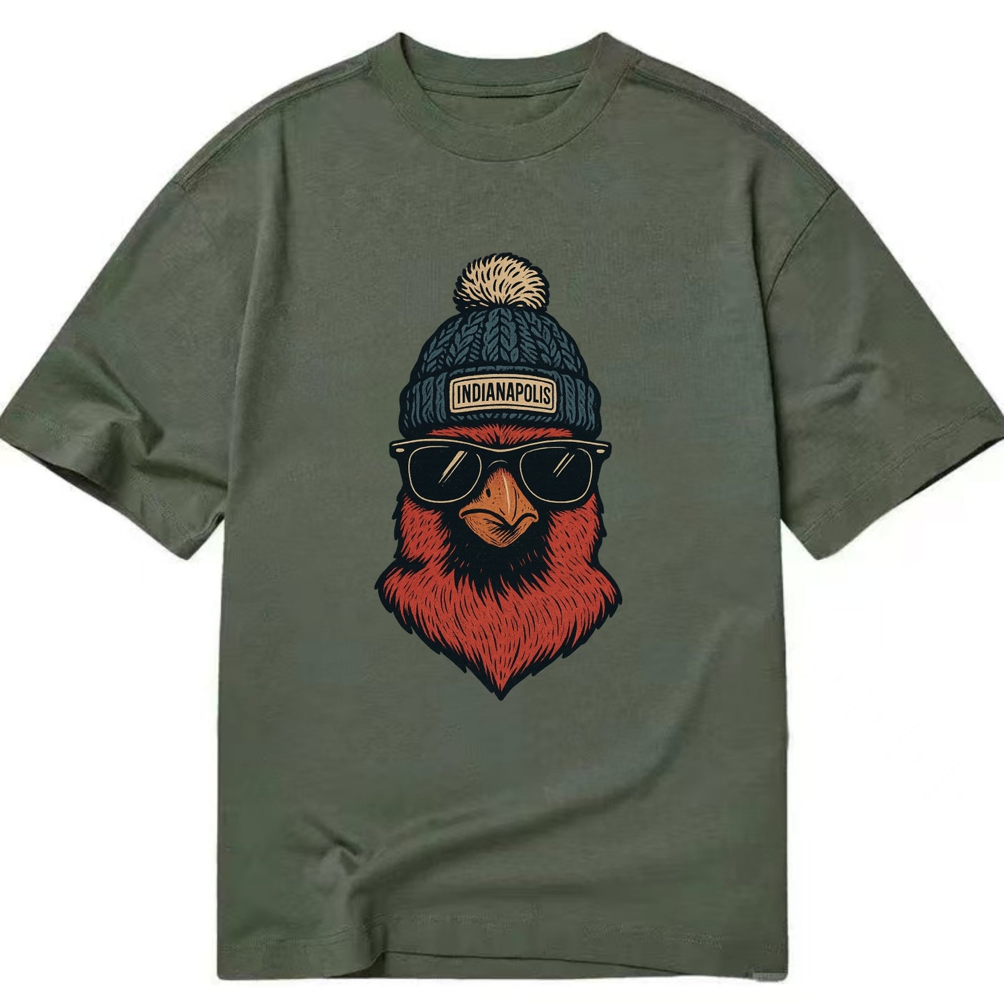 Indiana Cardinal wearing Indianapolis beanie with pom pom and wayfarer sunglasses - Classic T-shirt - Army Green