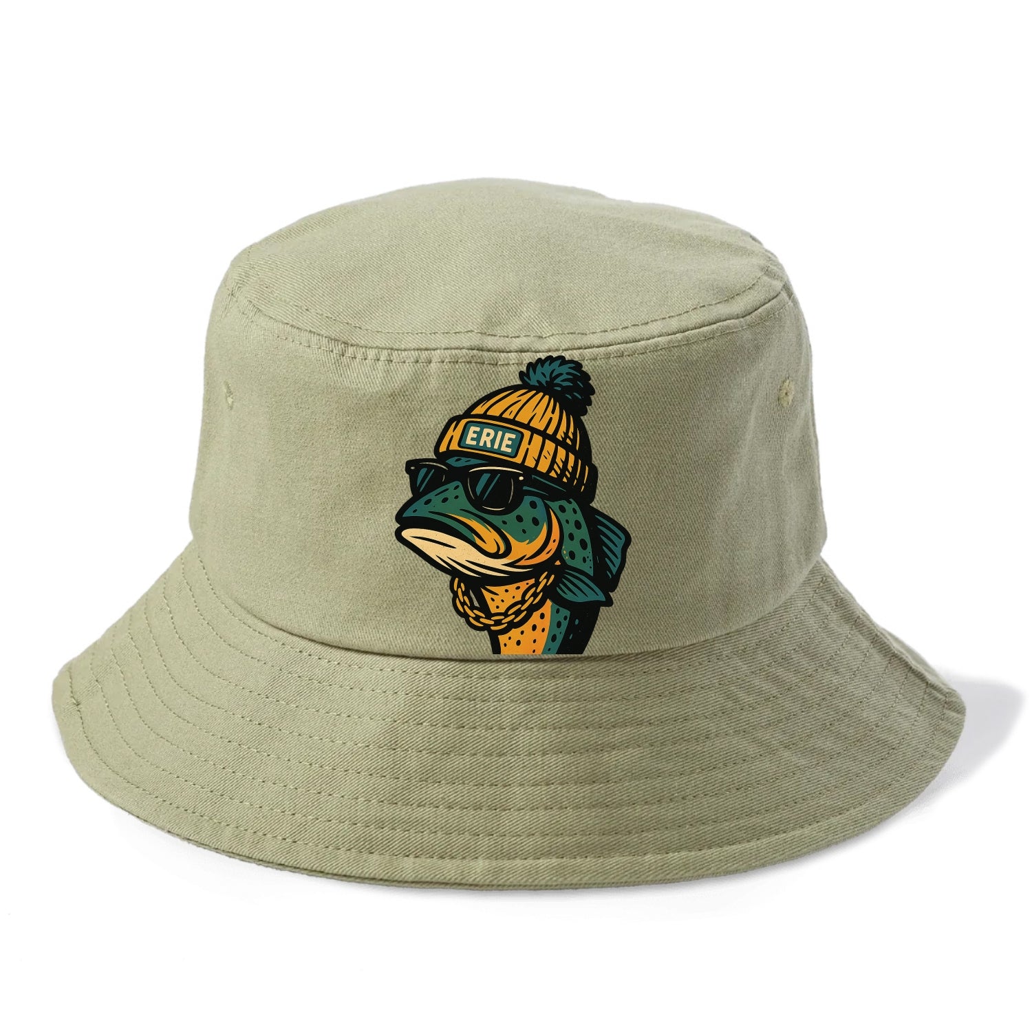 Erie Lake Trout wearing Erie beanie with pom pom and wayfarer sunglasses - Bucket Hat - Army Green