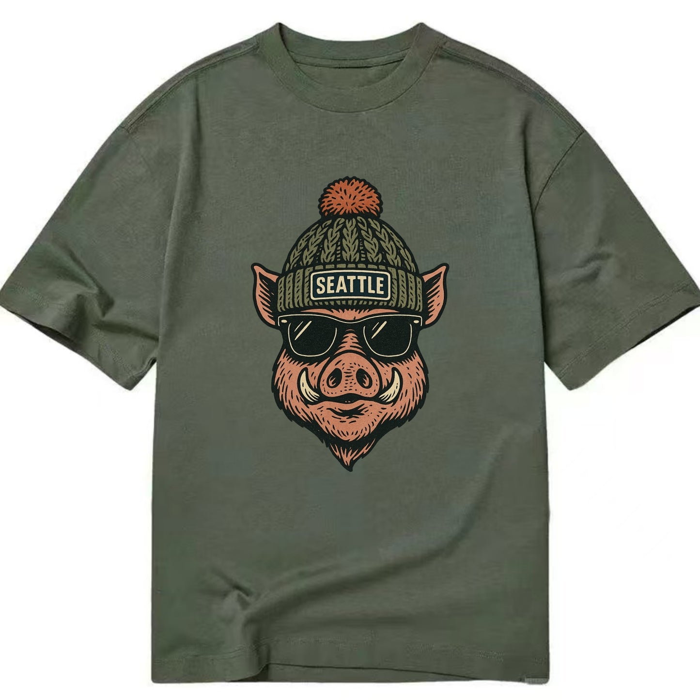 Washington Hog wearing Seattle beanie with pom pom and wayfarer sunglasses - Classic T-shirt - Army Green