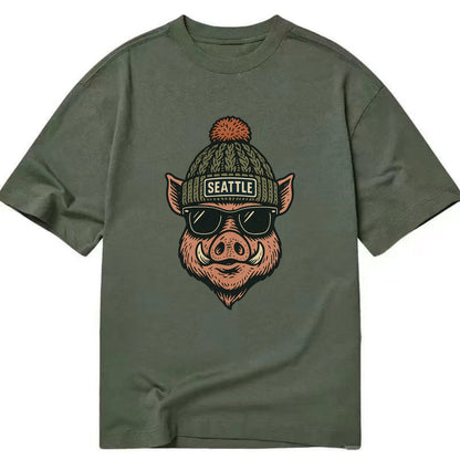 Washington Hog wearing Seattle beanie with pom pom and wayfarer sunglasses - Classic T-shirt - Army Green