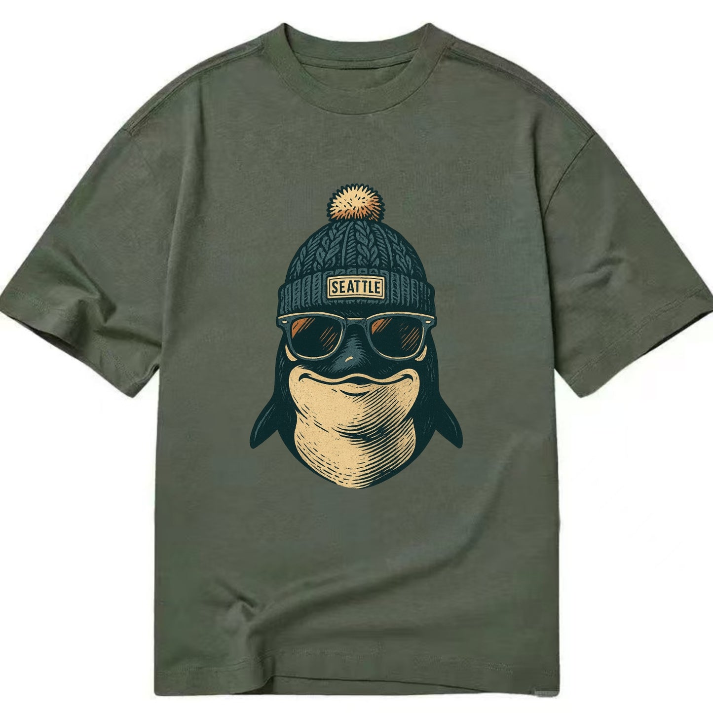 Washington Orca wearing Seattle beanie with pom pom and wayfarer sunglasses - Classic T-shirt - Army Green