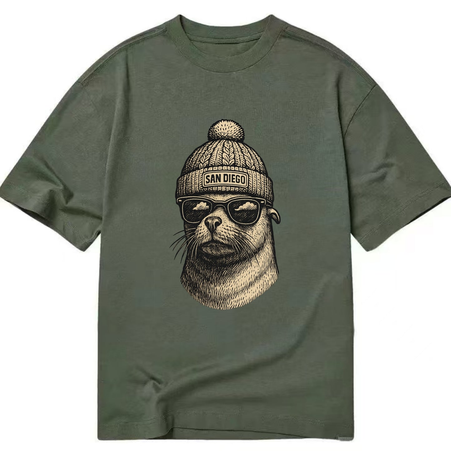 San Diego Sea Lion wearing San Diego beanie with pom pom and wayfarer sunglasses - Classic T-shirt - Army Green