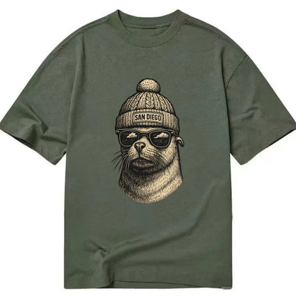 San Diego Sea Lion wearing San Diego beanie with pom pom and wayfarer sunglasses - Classic T-shirt - Army Green