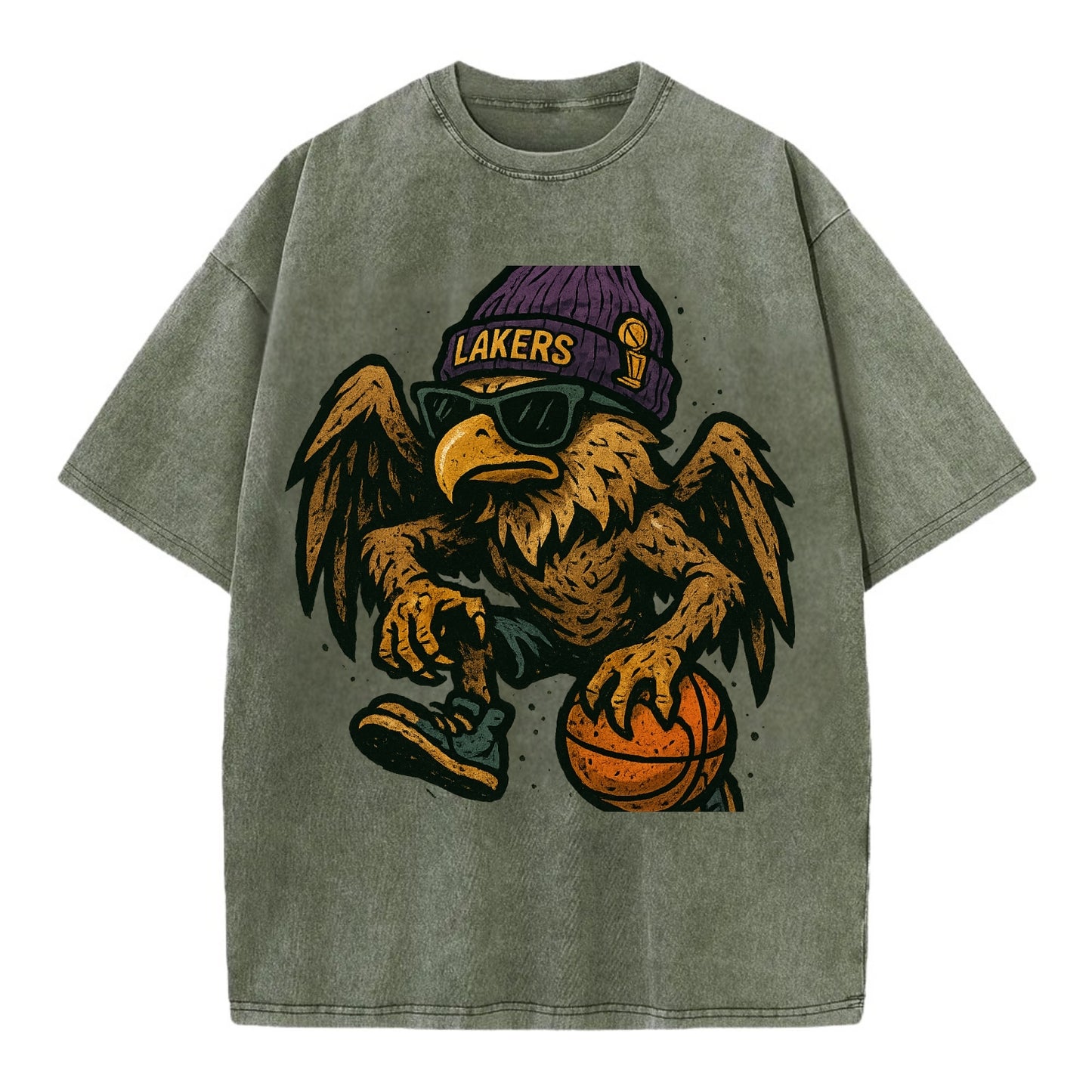 Los Angeles Golden Eagle wearing Lakers beanie with trophy patch and wayfarer - Vintage T-shirt - Army Green
