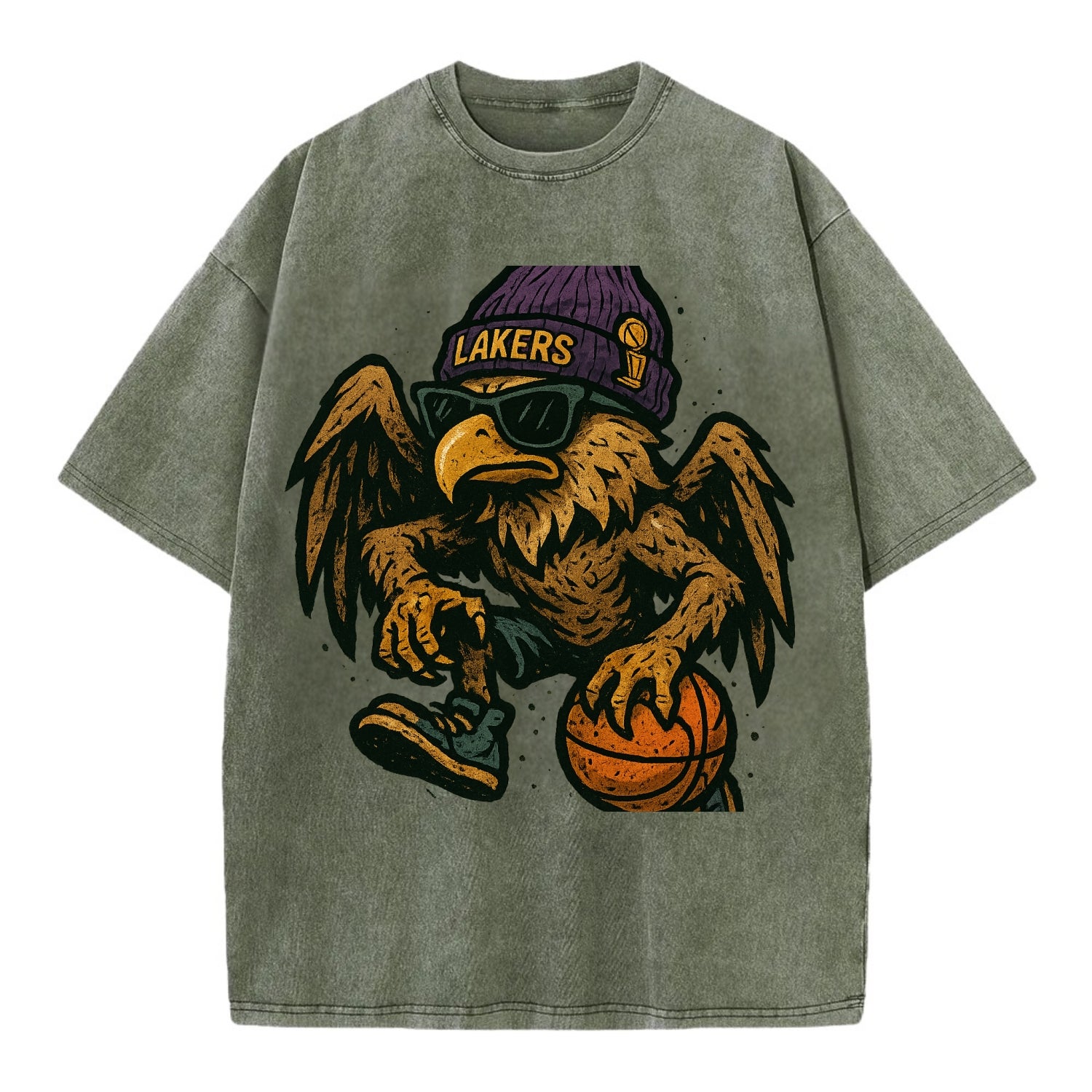 Los Angeles Golden Eagle wearing Lakers beanie with trophy patch and wayfarer - Vintage T-shirt - Army Green