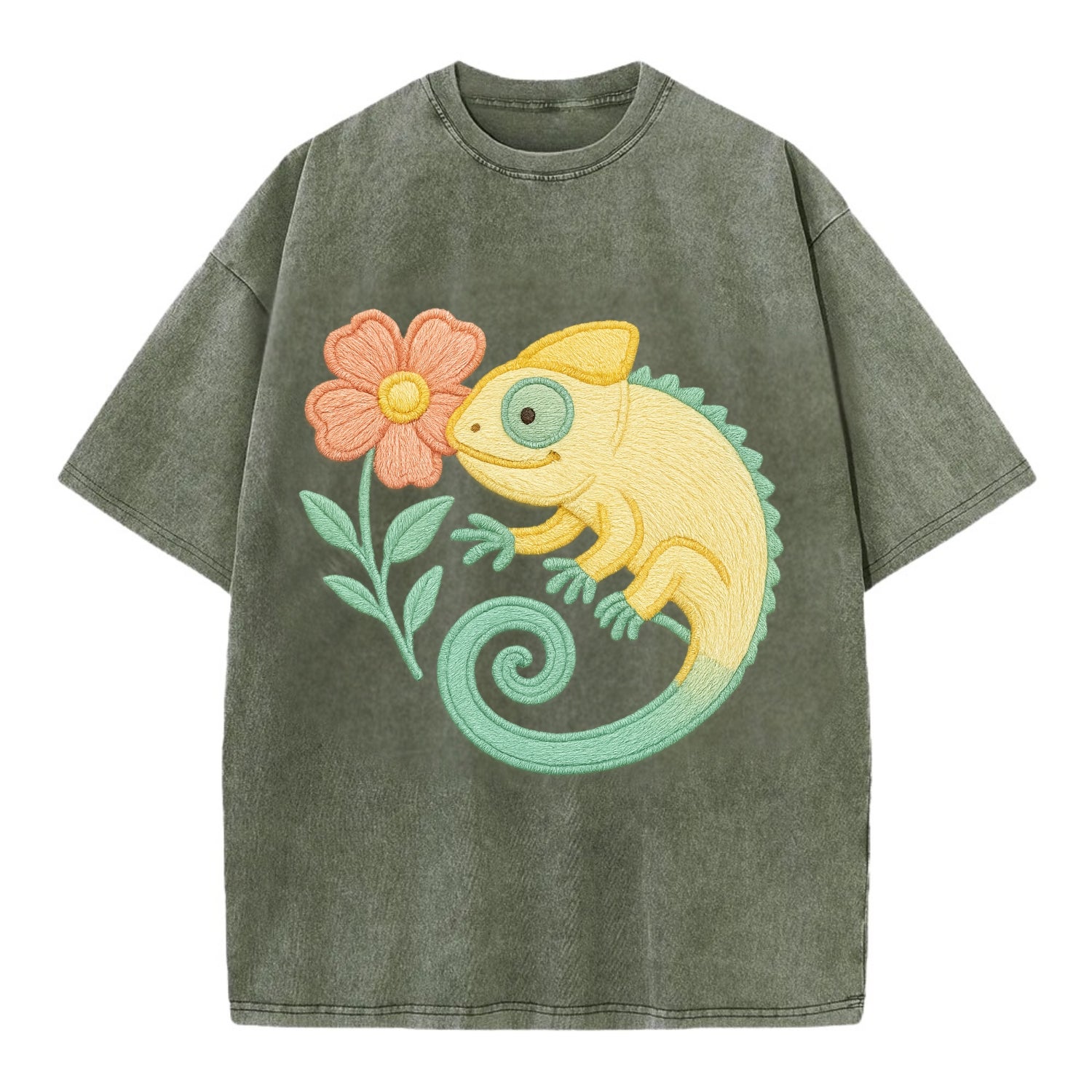 Yellow Chameleon - Vintage T-shirt - Army Green