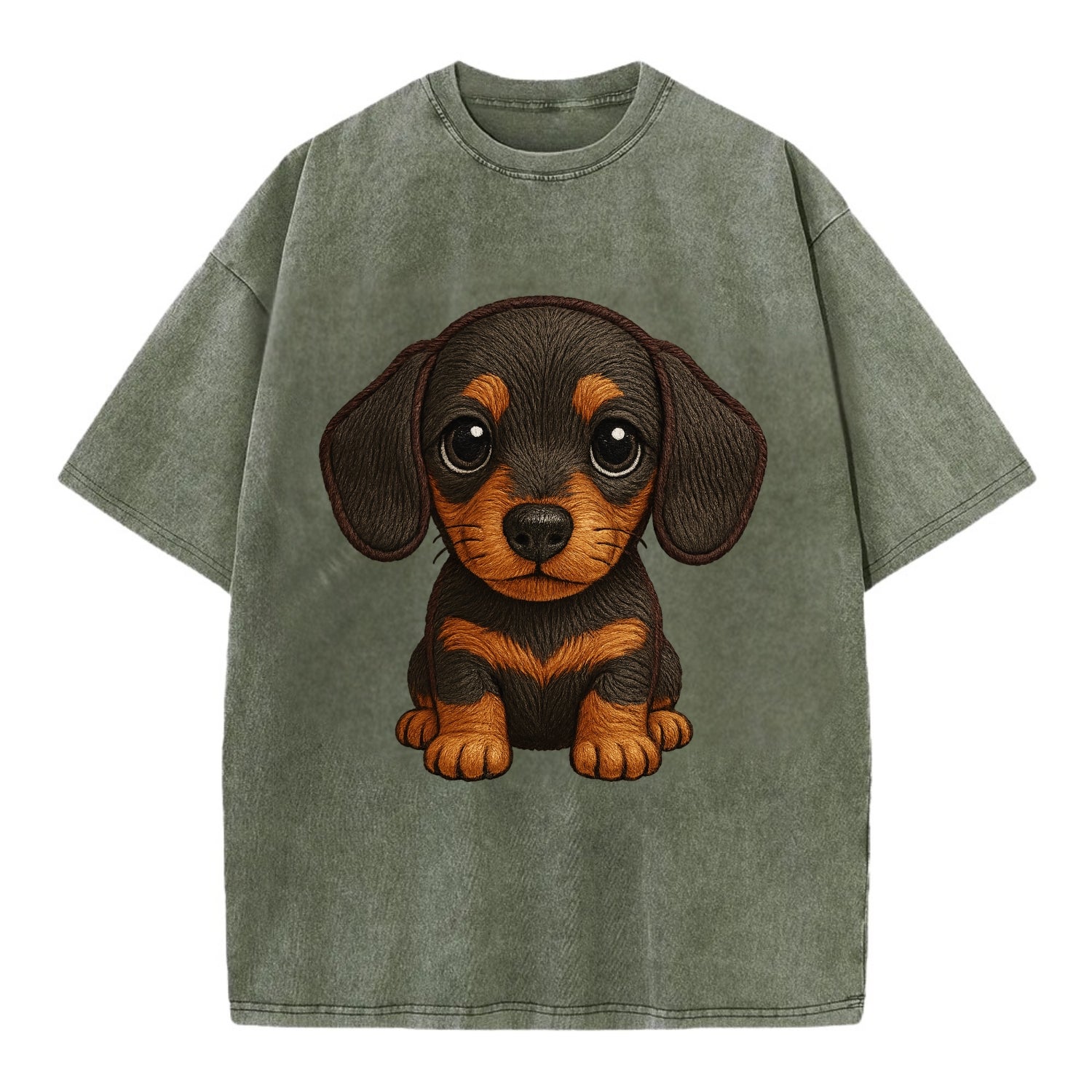 Baby Dachshund Puppy - long body, short legs, floppy ears, curious eyes, - Vintage T-shirt - Army Green