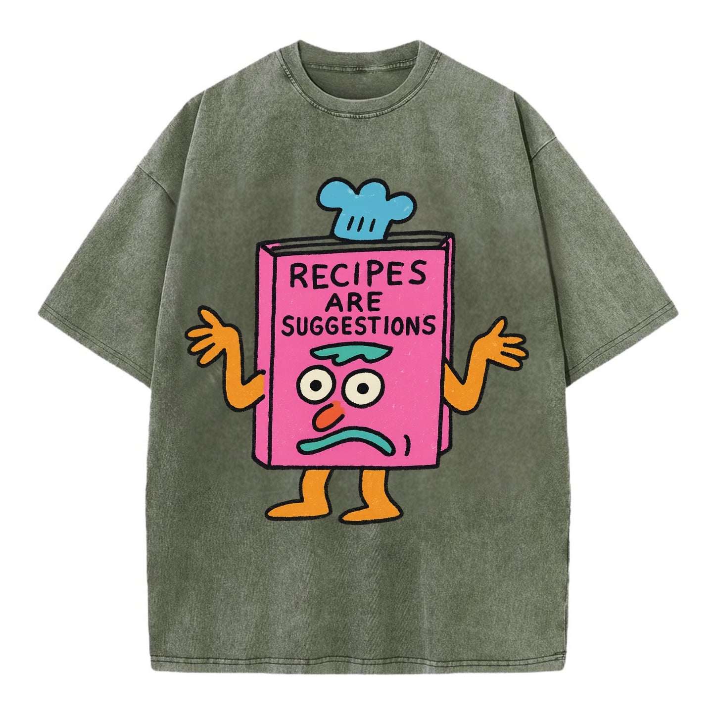 RECIPES ARE SUGGESTIONS | Cookbook shrugging - Vintage T-shirt - Army Green
