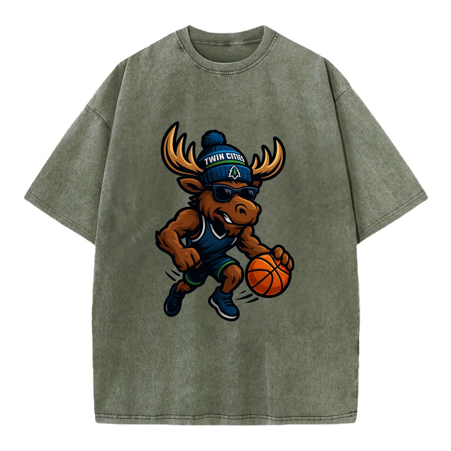 Twin Cities Moose wearing Timberwolves beanie with pine tree patch and wayfarer - Vintage T-shirt - Army Green