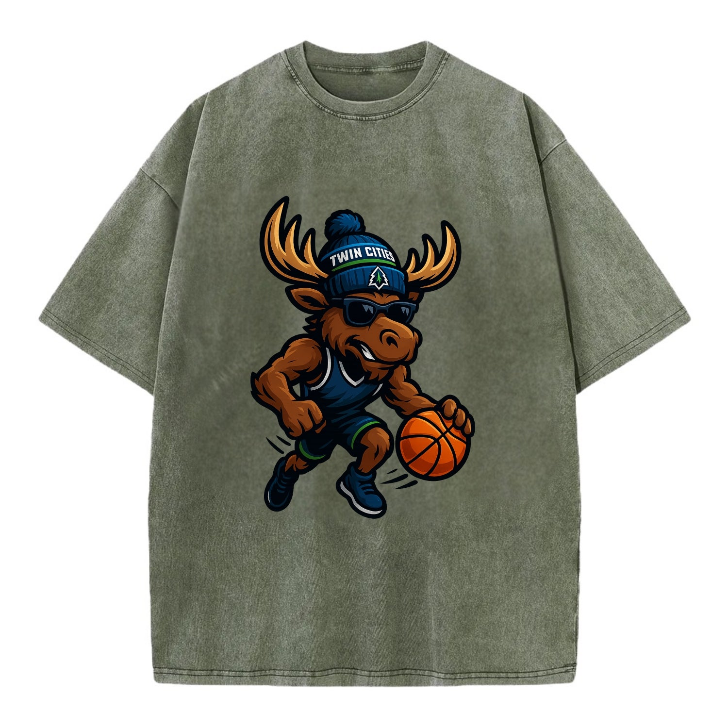 Twin Cities Moose wearing Timberwolves beanie with pine tree patch and wayfarer - Vintage T-shirt - Army Green