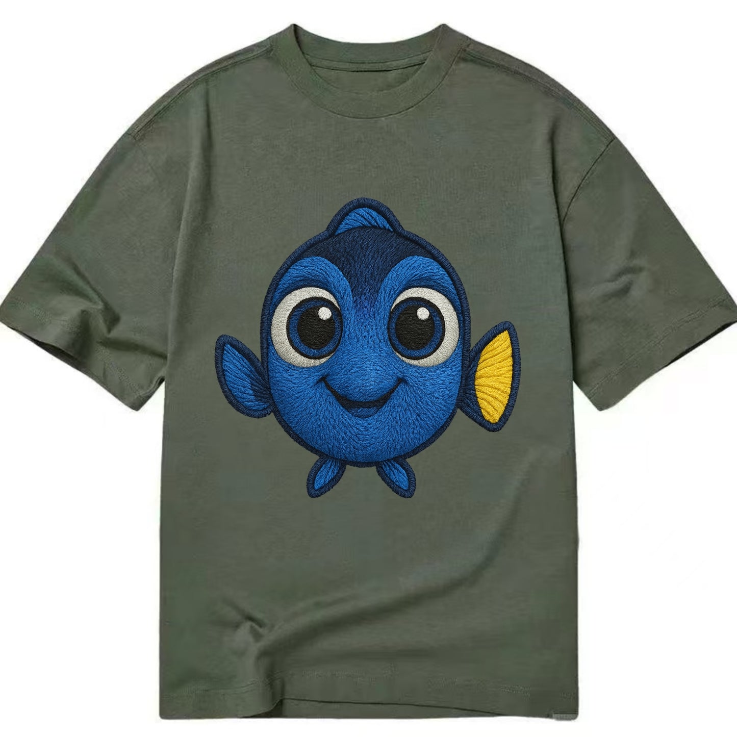 Baby Blue Tang - bright blue with yellow tail, big eyes, front-facing, Dory-style - Classic T-shirt - Army Green