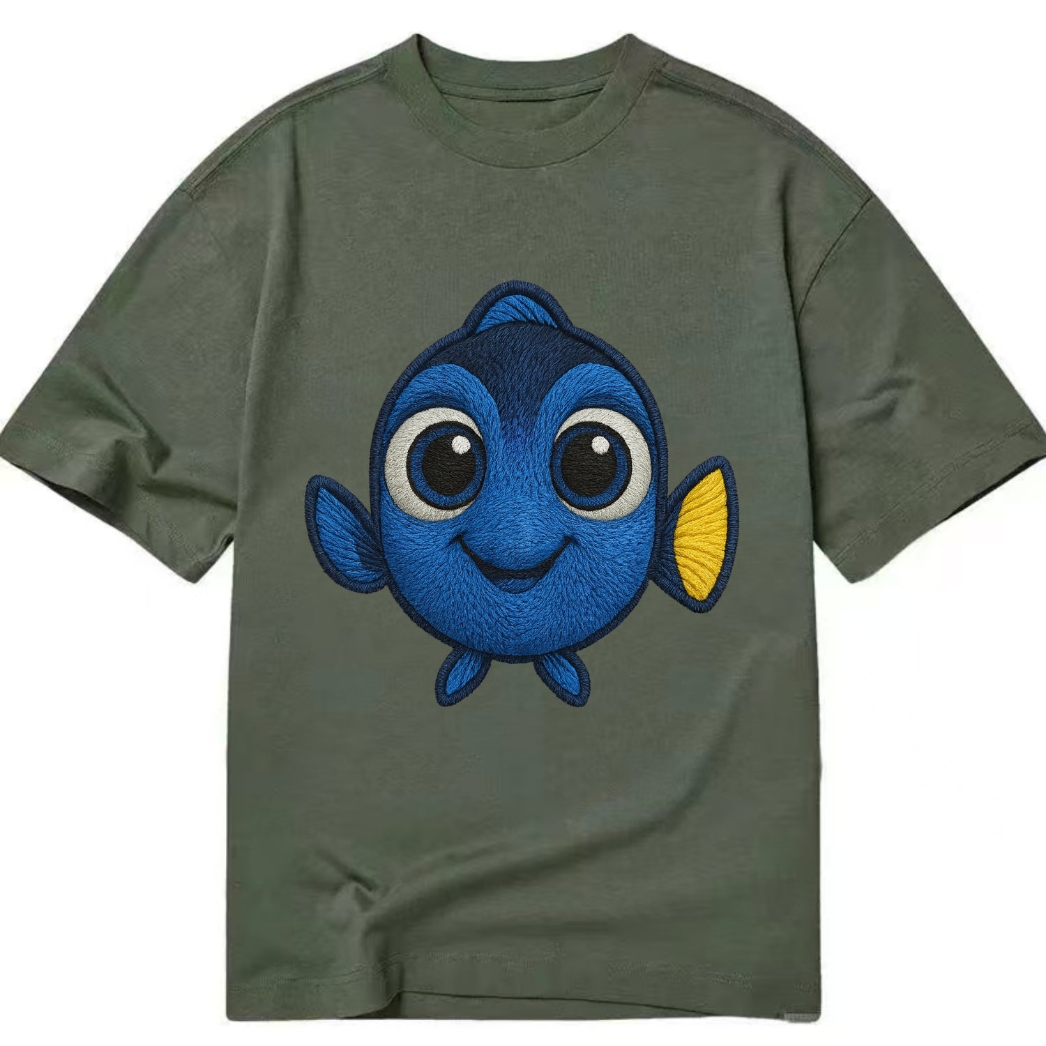 Baby Blue Tang - bright blue with yellow tail, big eyes, front-facing, Dory-style - Classic T-shirt - Army Green