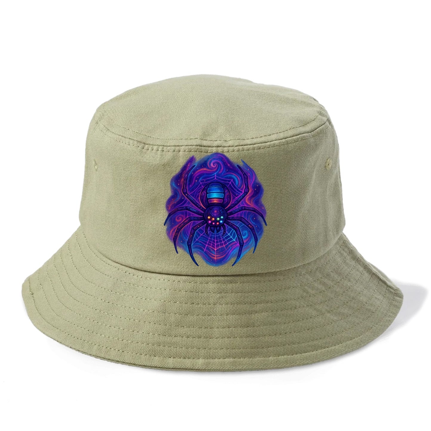 Tech spider with legs showing circuit board patterns, web glowing in neon grid lines, - Bucket Hat - Army Green