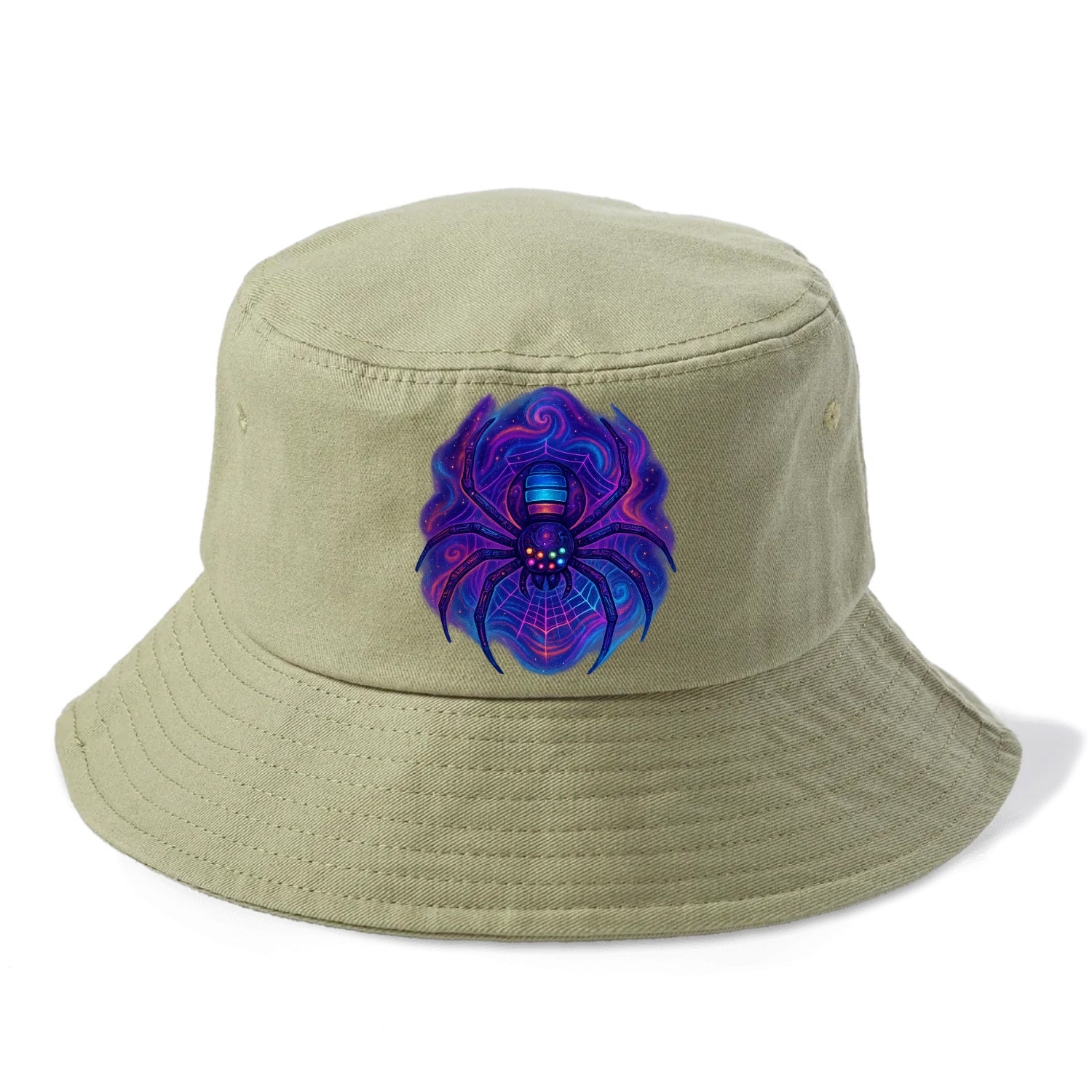 Tech spider with legs showing circuit board patterns, web glowing in neon grid lines, - Bucket Hat - Army Green