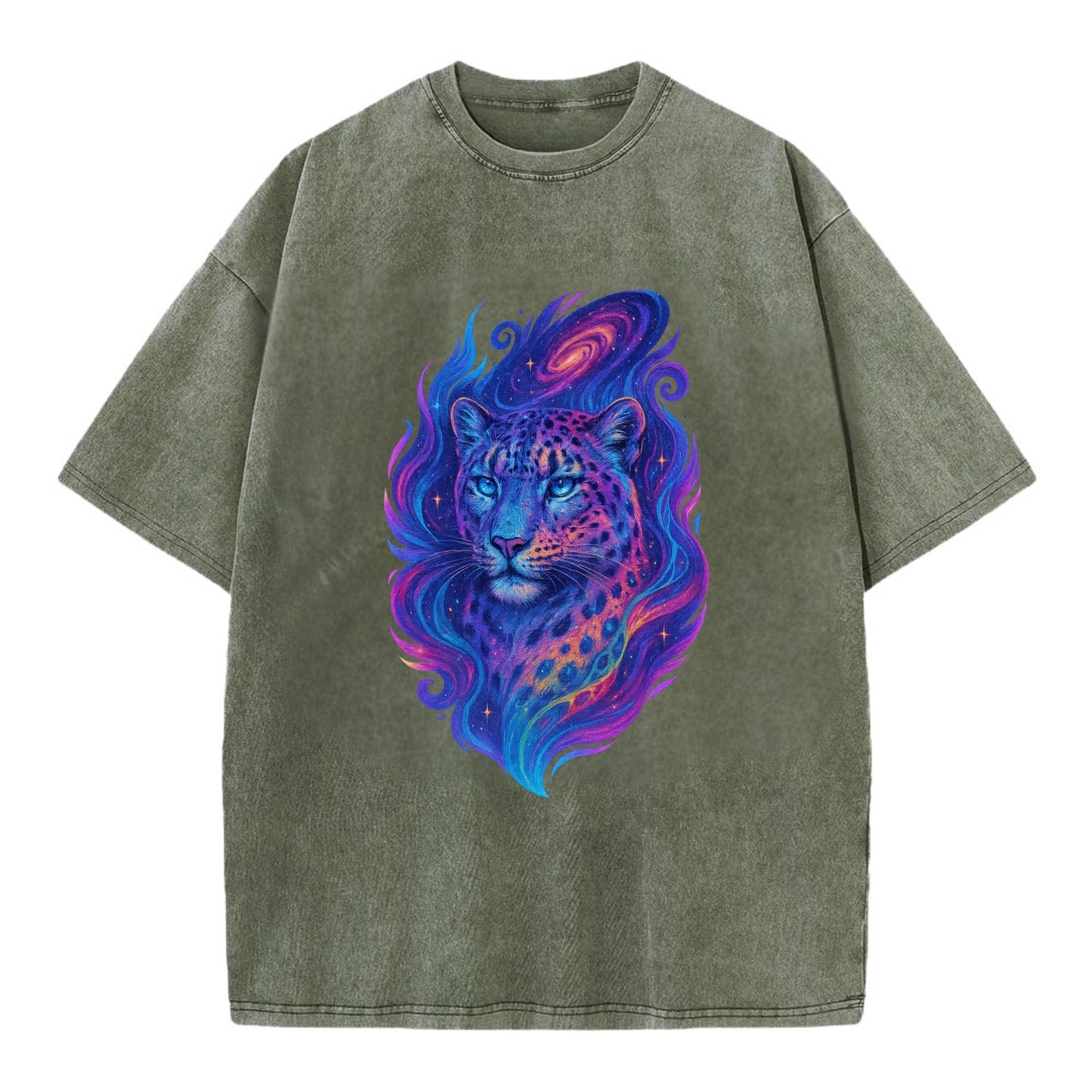 Majestic snow leopard with rainbow gradient spots, crystalline flowing patterns, - Vintage T-shirt - Army Green