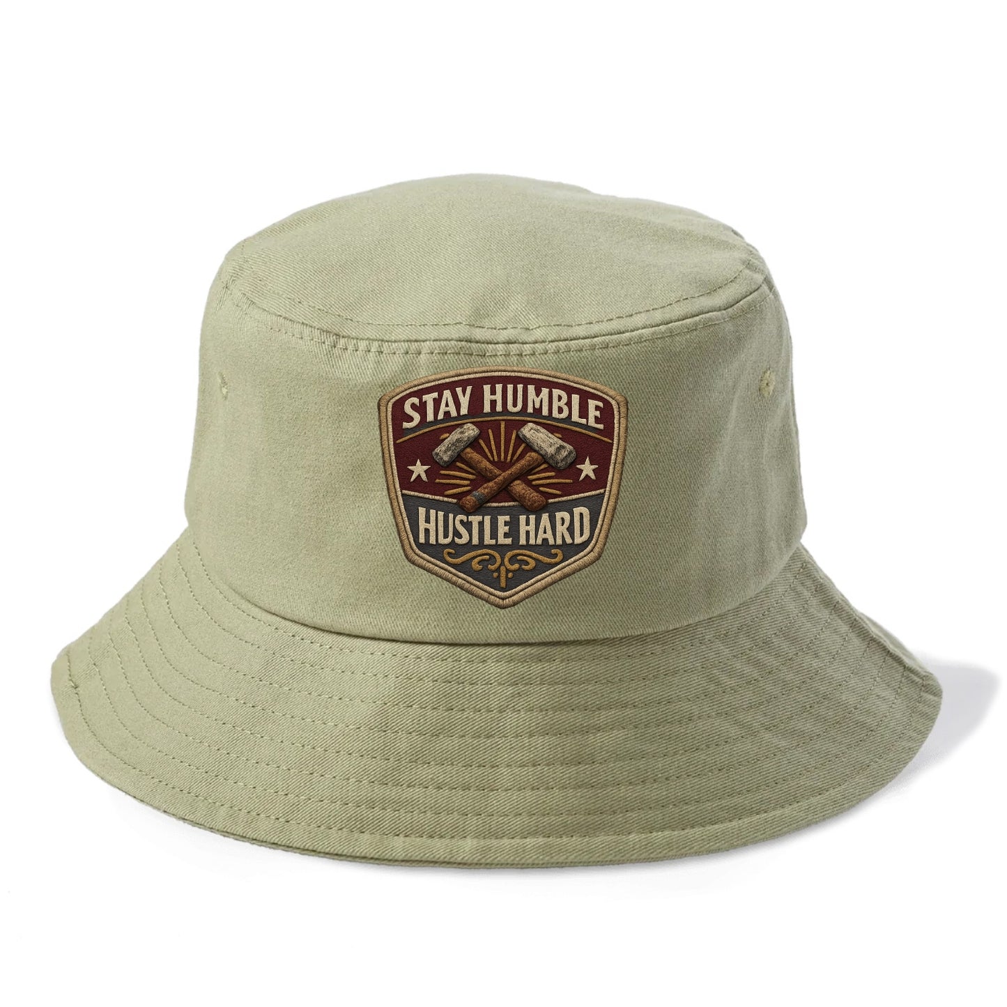 STAY HUMBLE HUSTLE HARD - text in silver , work ethic - Bucket Hat - Army Green