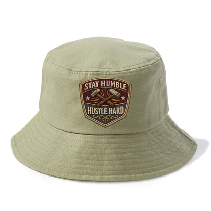 STAY HUMBLE HUSTLE HARD - text in silver , work ethic - Bucket Hat - Army Green