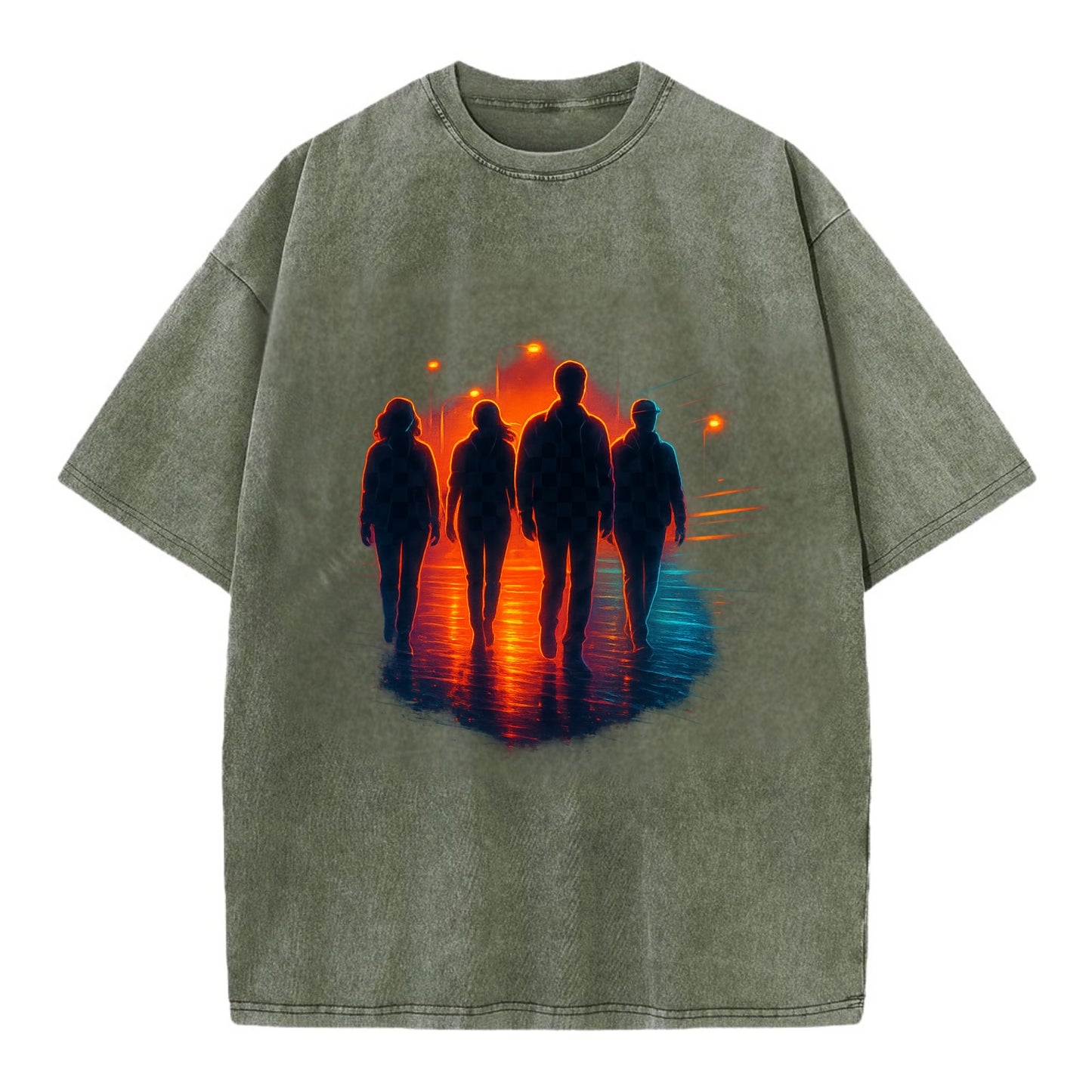 gang of silhouettes walking together at sunset by the beach - Vintage T-shirt - Army Green