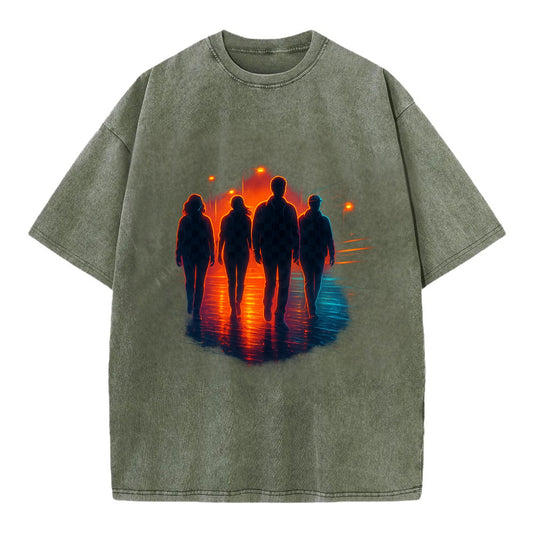 gang of silhouettes walking together at sunset by the beach - Vintage T-shirt - Army Green