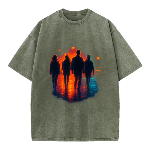gang of silhouettes walking together at sunset by the beach - Vintage T-shirt