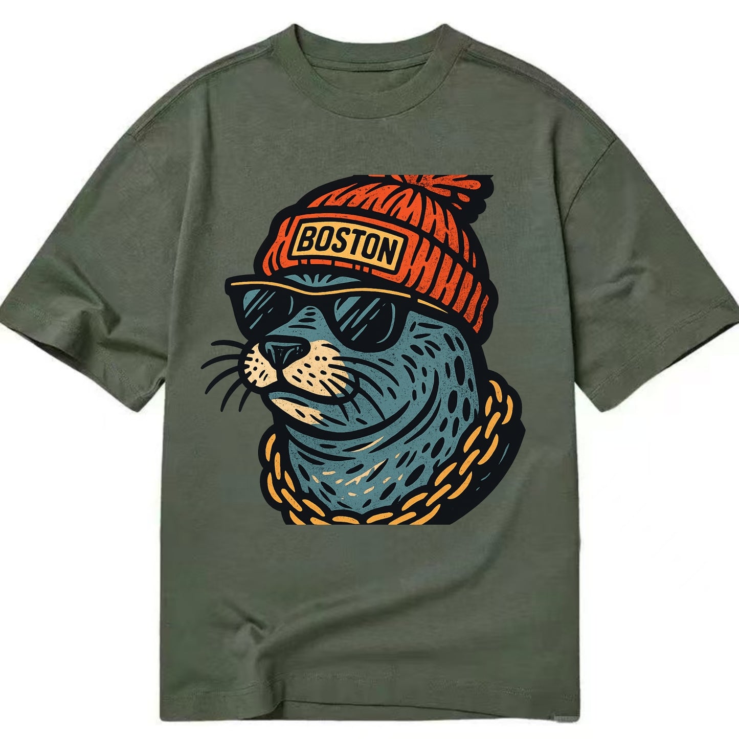 Boston Harbor Seal wearing Boston beanie with pom pom and wayfarer sunglasses - Classic T-shirt - Army Green