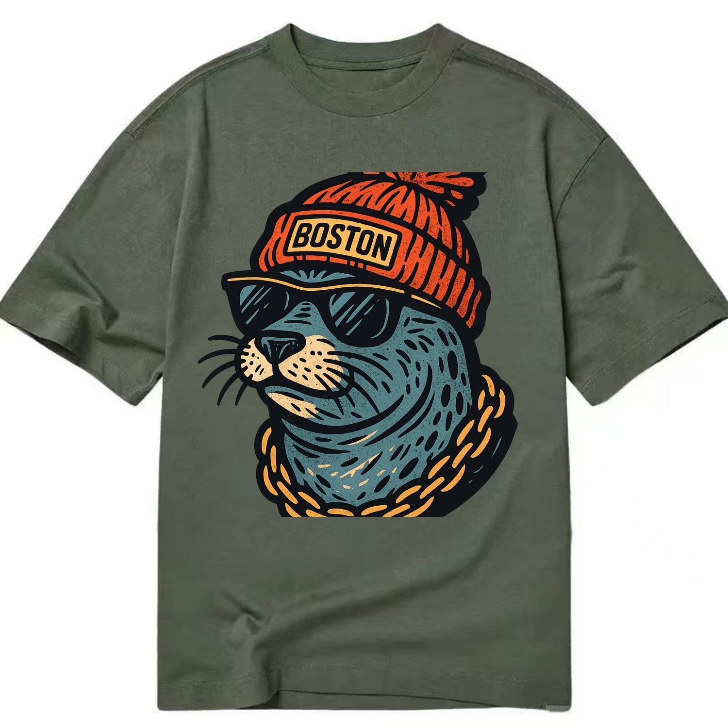 Boston Harbor Seal wearing Boston beanie with pom pom and wayfarer sunglasses - Classic T-shirt - Army Green