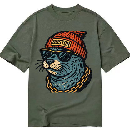Boston Harbor Seal wearing Boston beanie with pom pom and wayfarer sunglasses - Classic T-shirt - Army Green