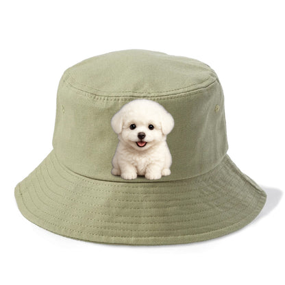 Baby Bichon Frise Puppy - white puffy cloud, dark eyes, happy expression, - Bucket Hat - Army Green