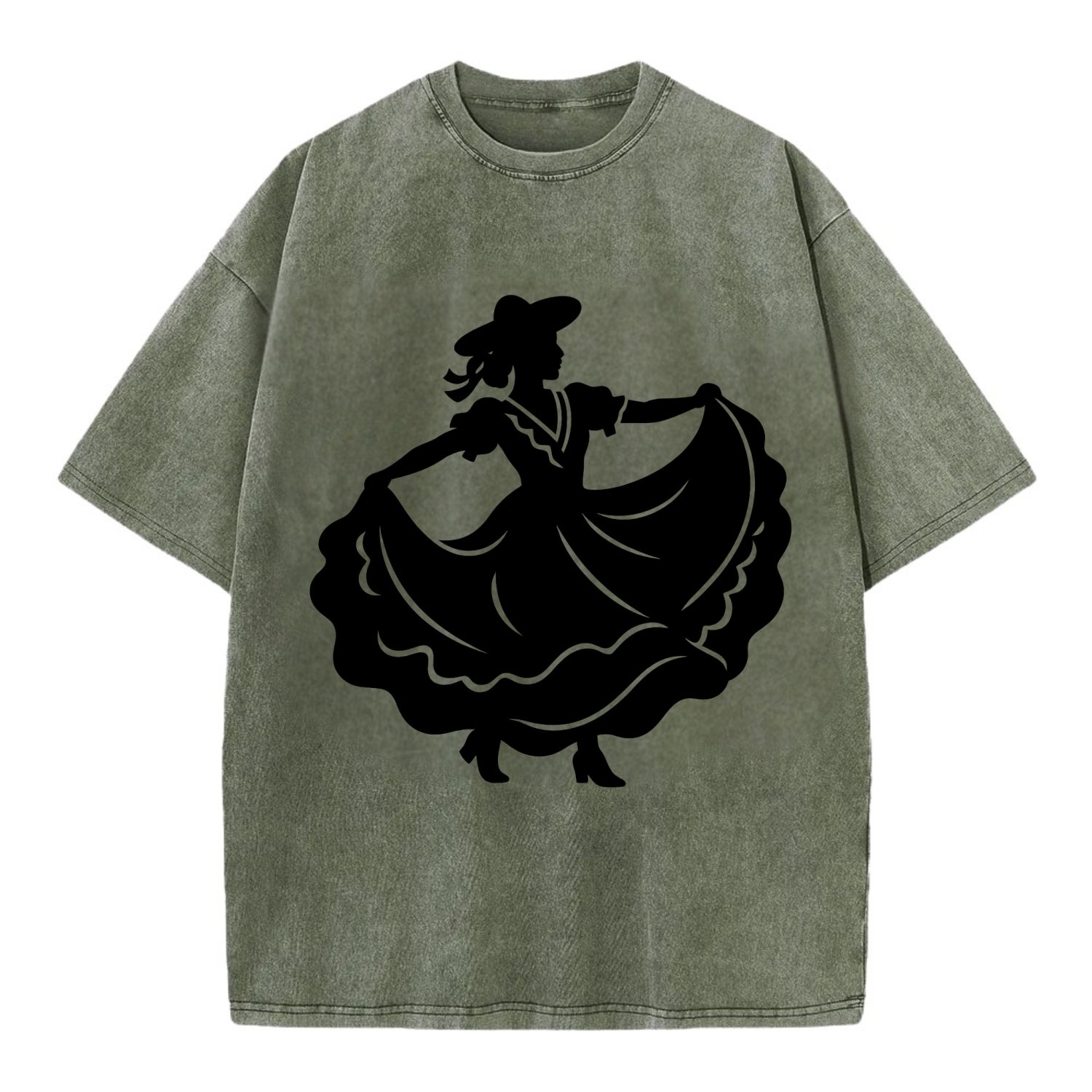 Mexican folk dancer twirling skirt - Vintage T-shirt - Army Green