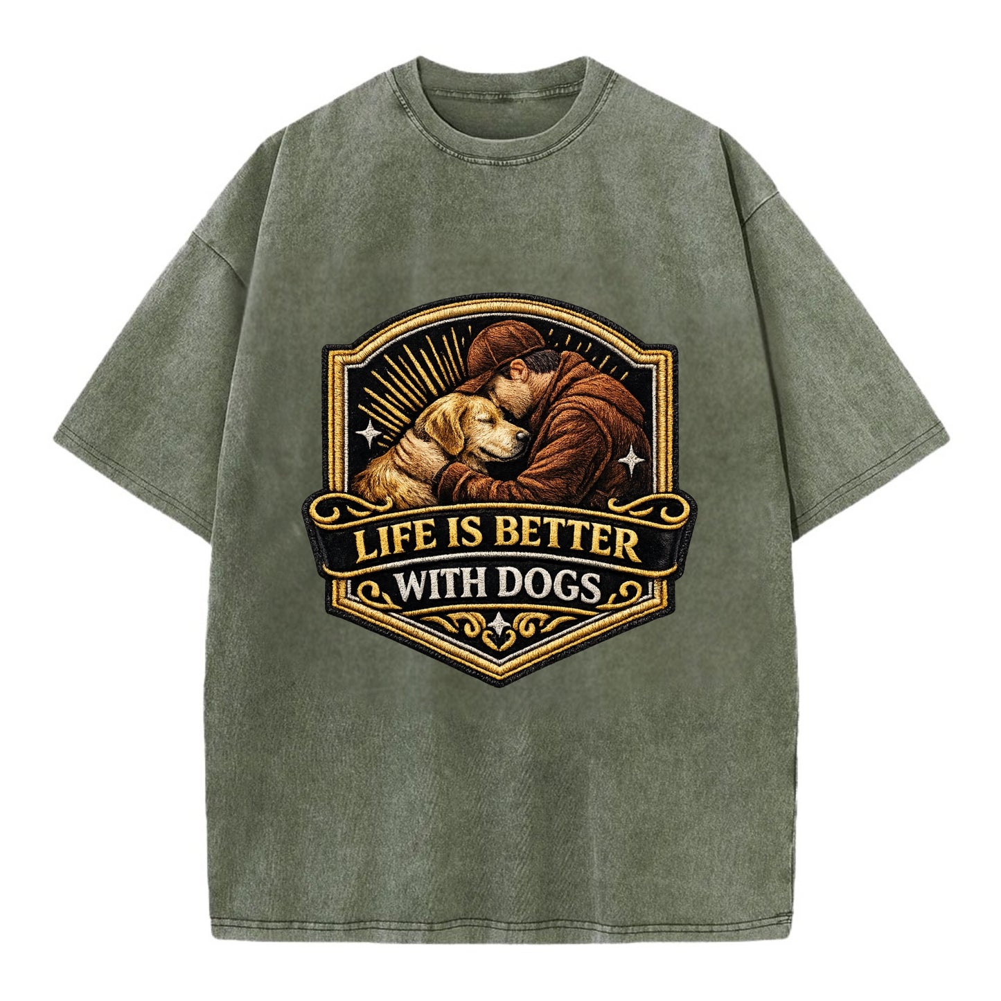 LIFE IS BETTER WITH DOGS - dog and human in brown , dog lover - Vintage T-shirt - Army Green