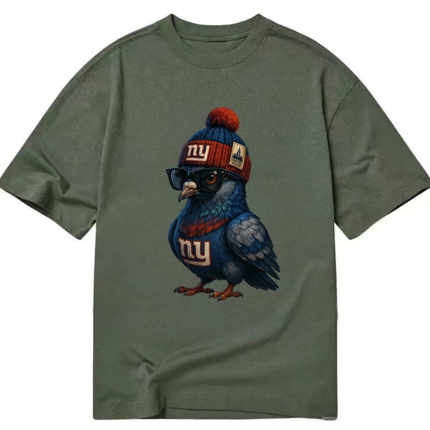 Manhattan Pigeon wearing Giants beanie with Empire State patch and wayfarer - Classic T-shirt - Army Green