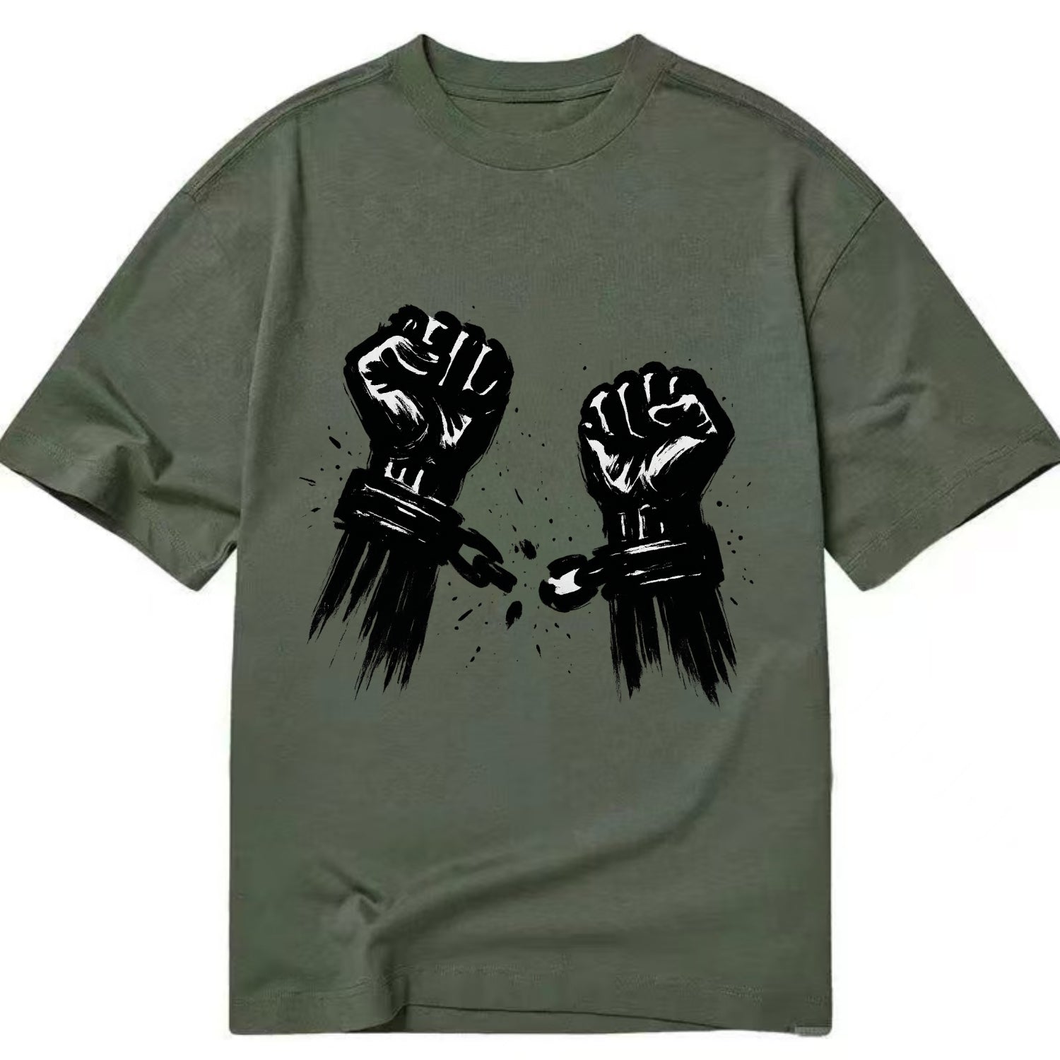 Two raised fists breaking chains - liberation and freedom ink painting - Classic T-shirt - Army Green