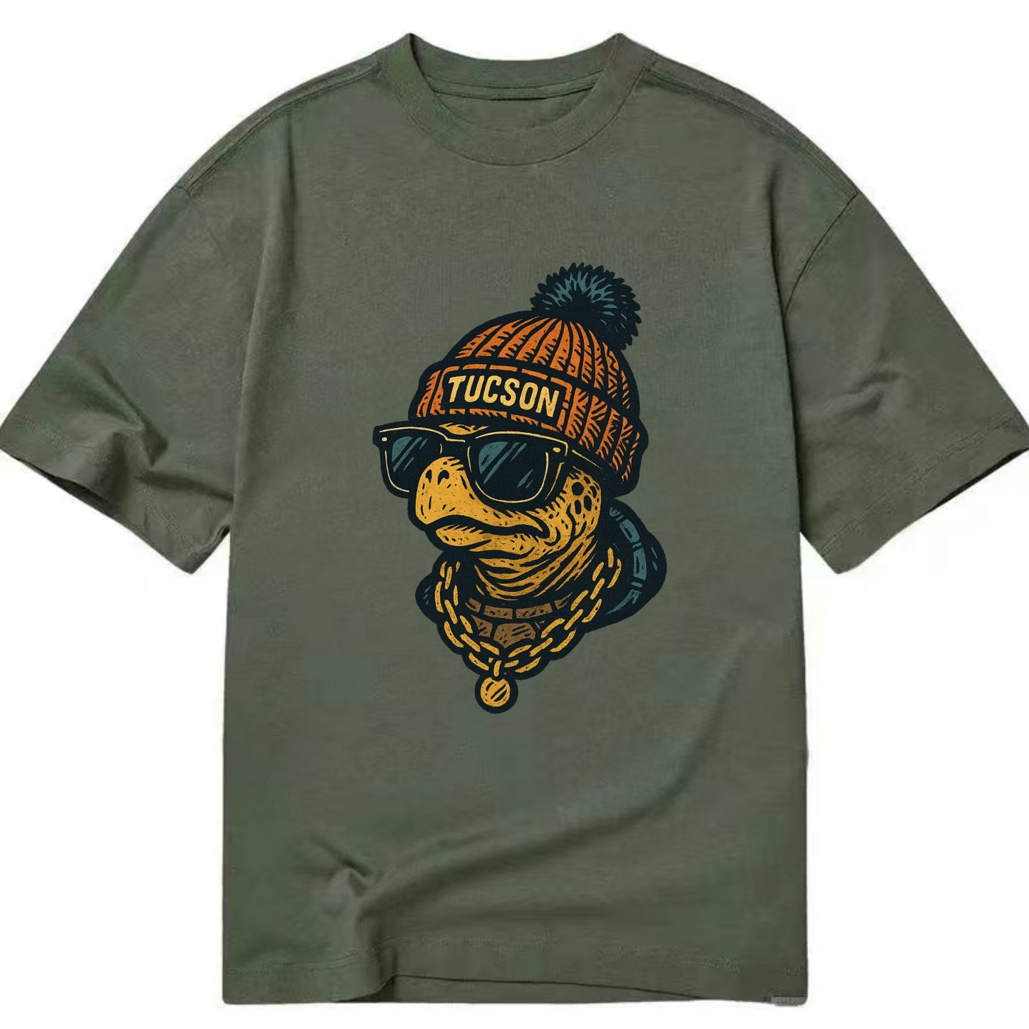 Tucson Desert Tortoise wearing Tucson beanie with pom pom and wayfarer sunglasses - Classic T-shirt - Army Green